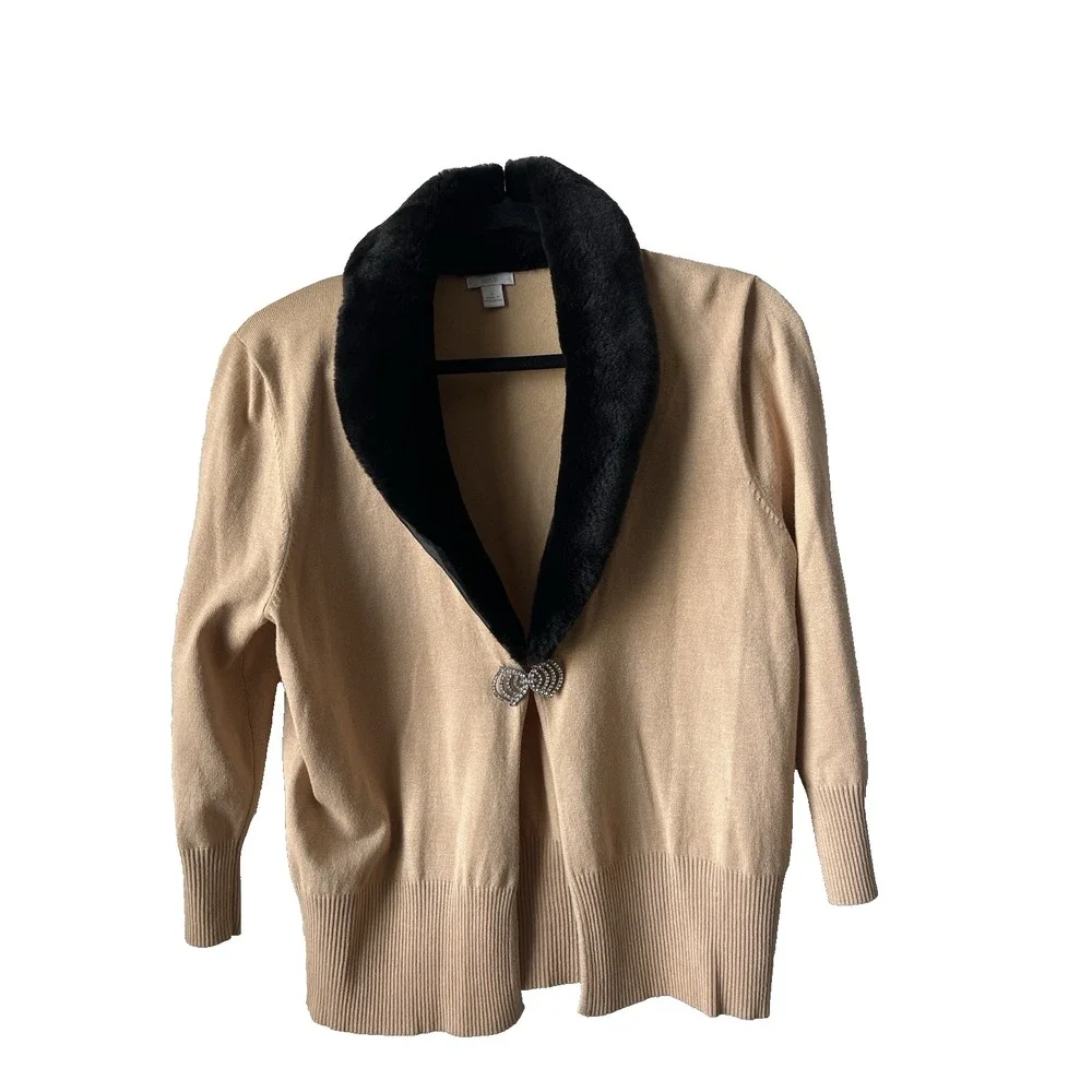 Camel Black Faux Fur Collar Cardigan Rhinestone Clasp Sweater Jacket L